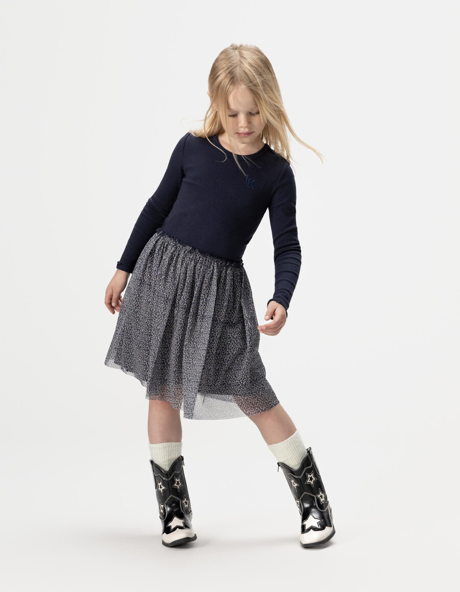 vestido de tul de tela mixta con lazo de leopardo y azul marino para niña