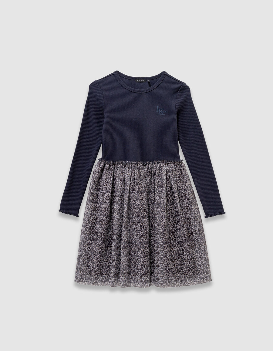 vestido de tul de tela mixta con lazo de leopardo y azul marino para niña