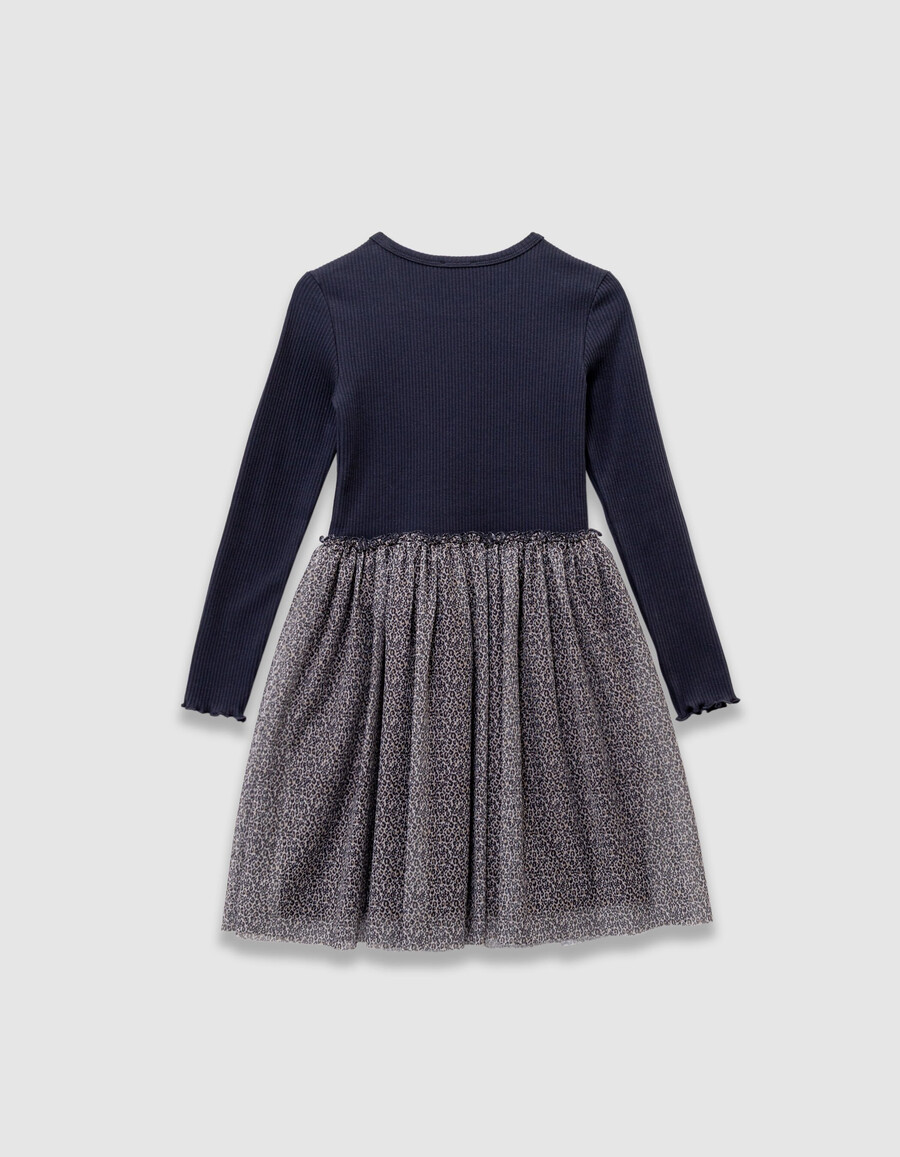 vestido de tul de tela mixta con lazo de leopardo y azul marino para niña