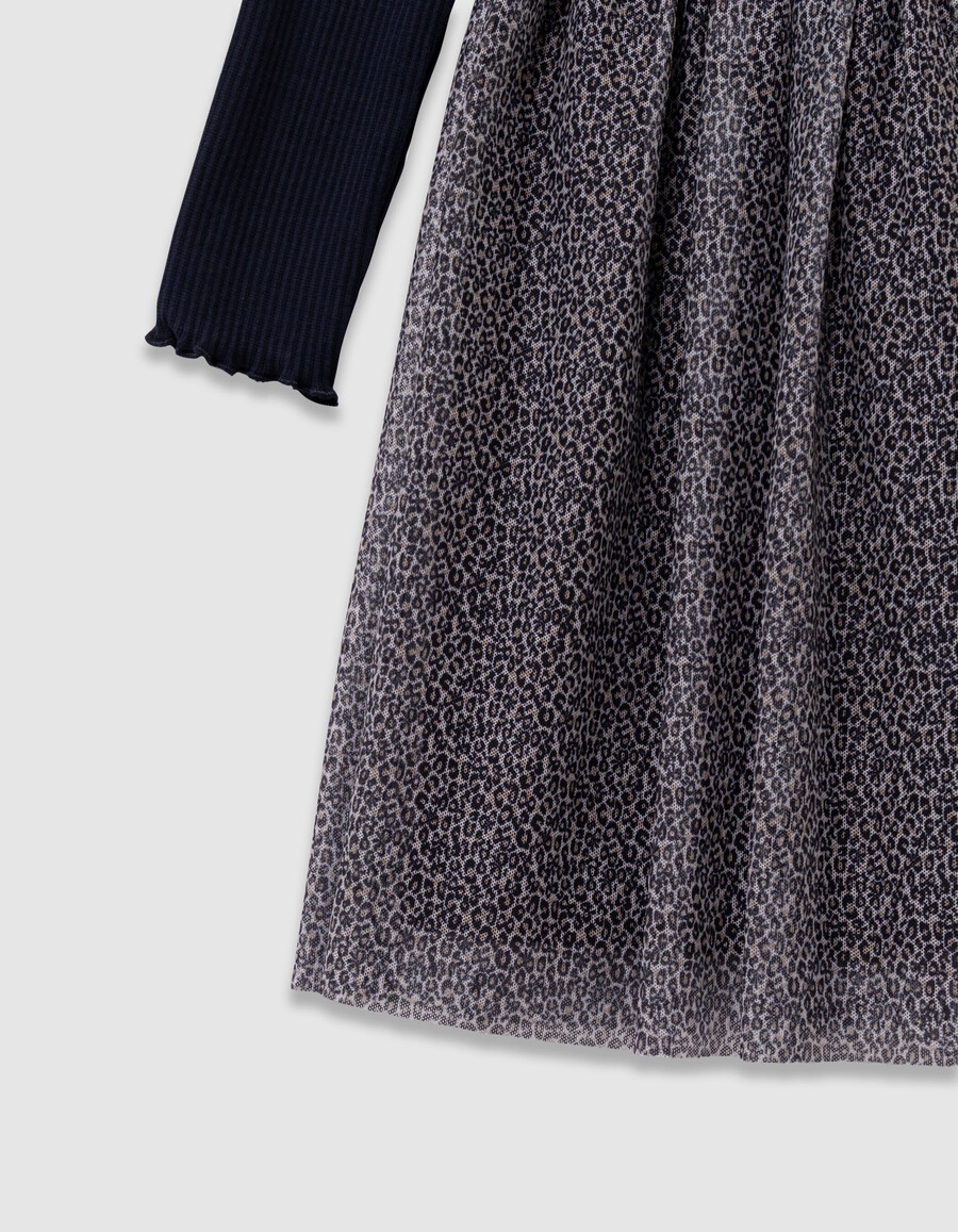 vestido de tul de tela mixta con lazo de leopardo y azul marino para niña
