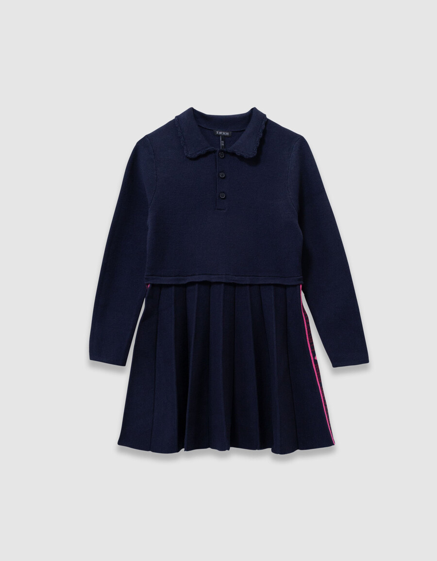 vestido plisado de punto azul marino de manga larga para niña