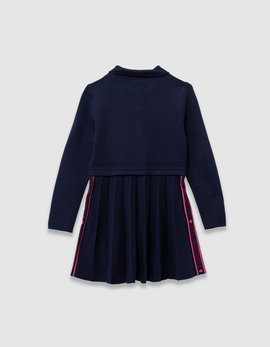 vestido plisado de punto azul marino de manga larga para niña