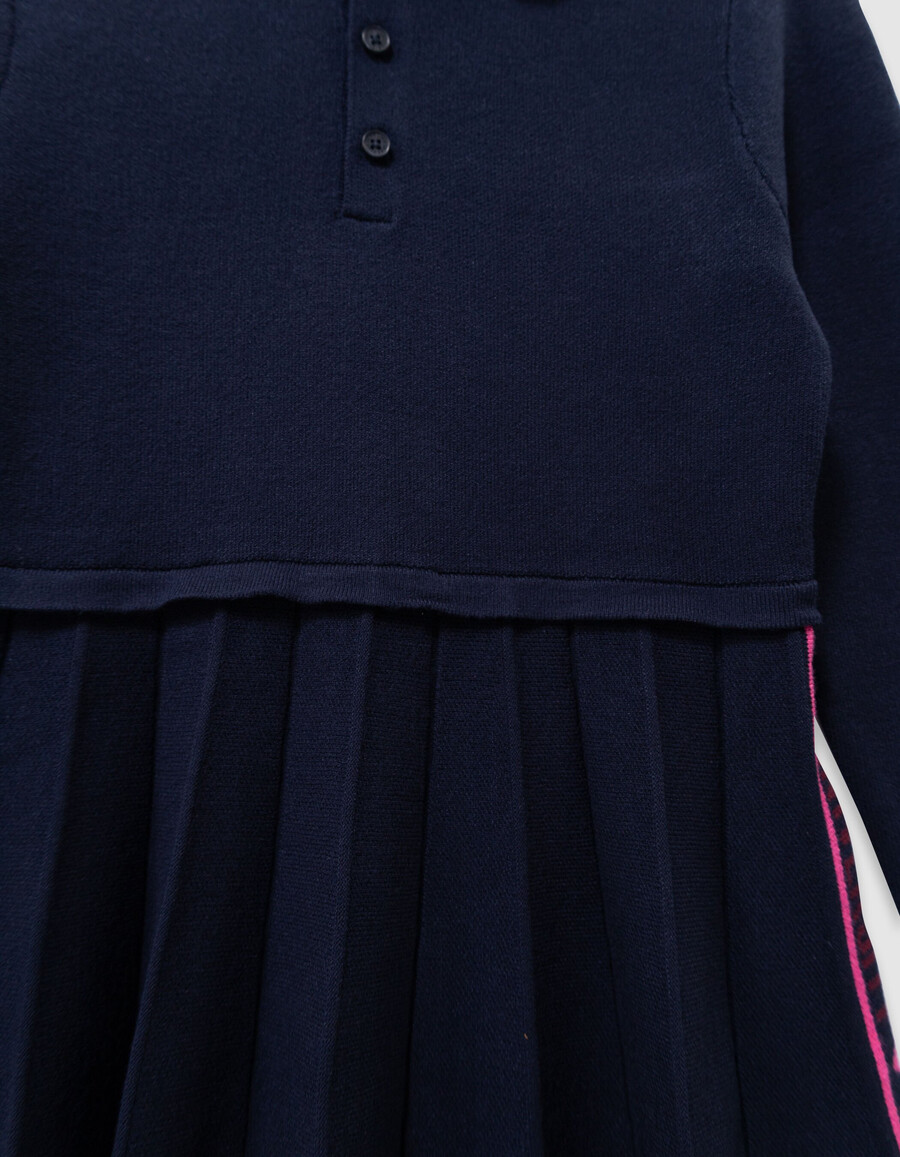 vestido plisado de punto azul marino de manga larga para niña