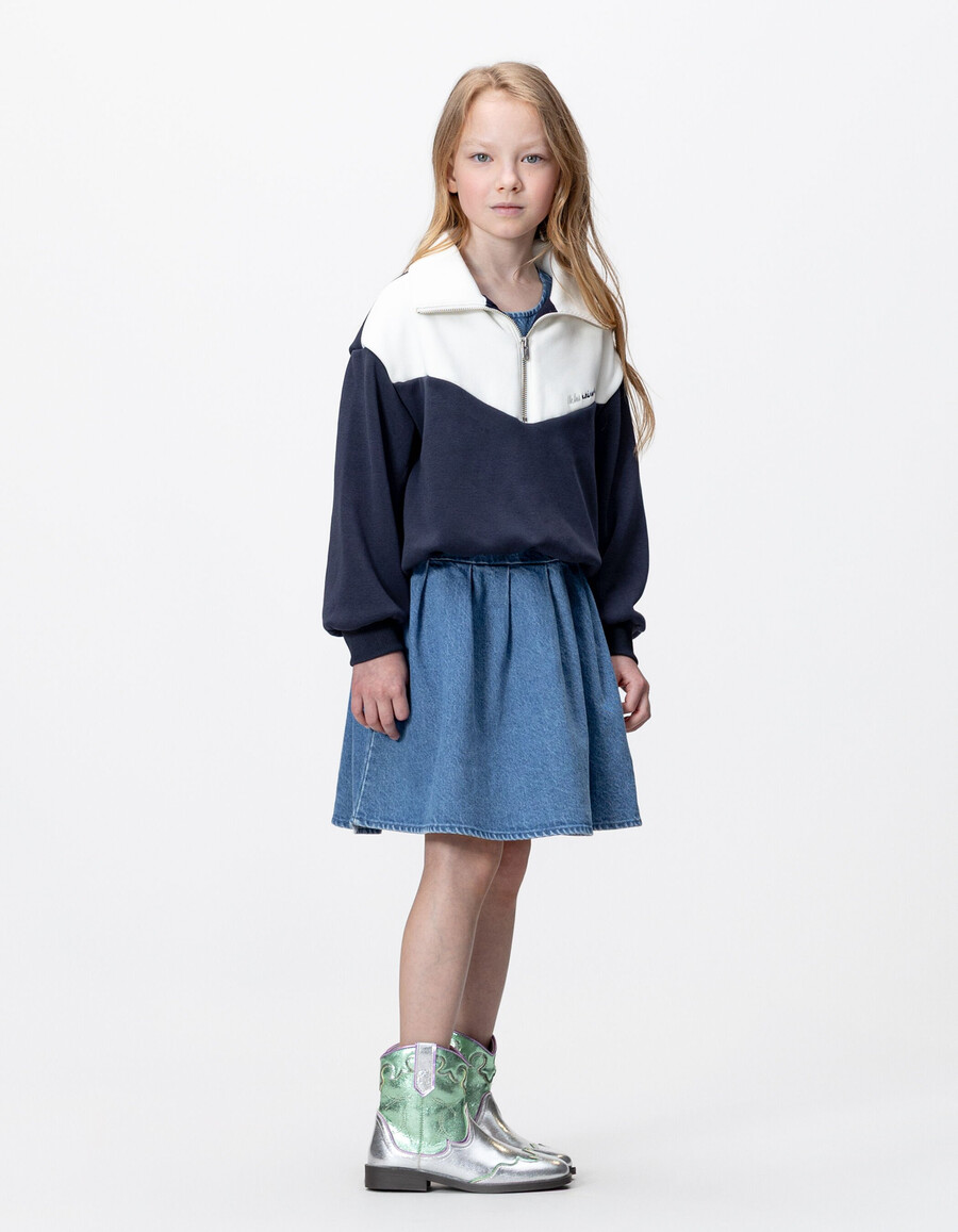 vestido vaquero 2 en 1 y sudadera con cuello con cremallera para niña