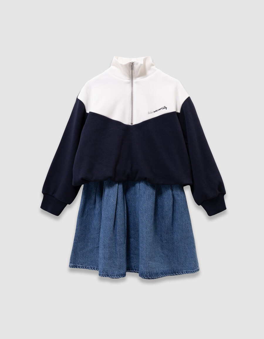 vestido vaquero 2 en 1 y sudadera con cuello con cremallera para niña
