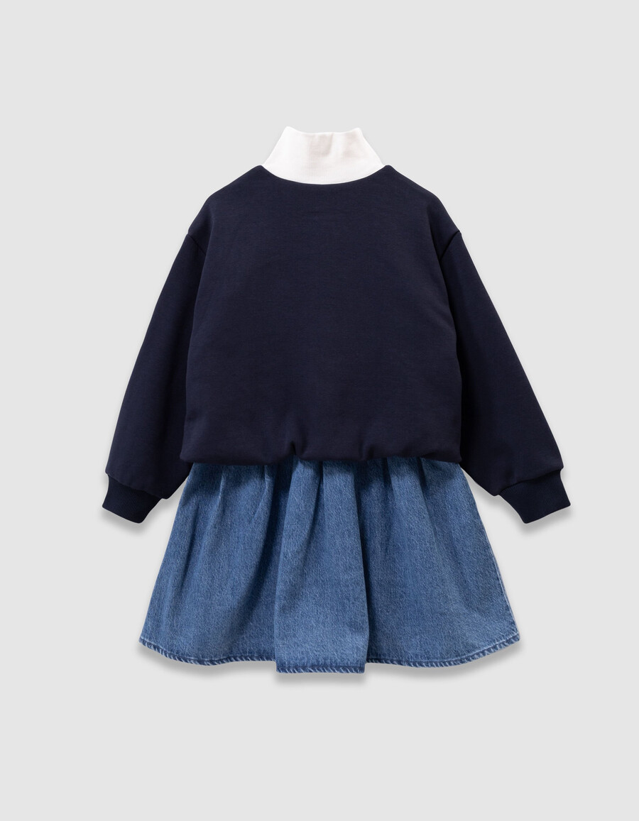 vestido vaquero 2 en 1 y sudadera con cuello con cremallera para niña