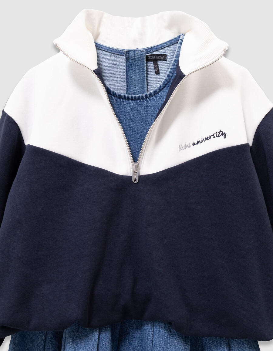 vestido vaquero 2 en 1 y sudadera con cuello con cremallera para niña