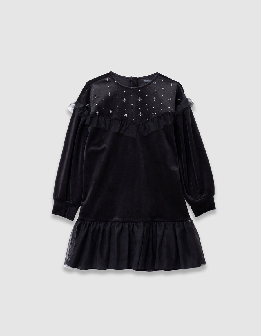 vestido de niña de terciopelo negro bordado con volantes de tul