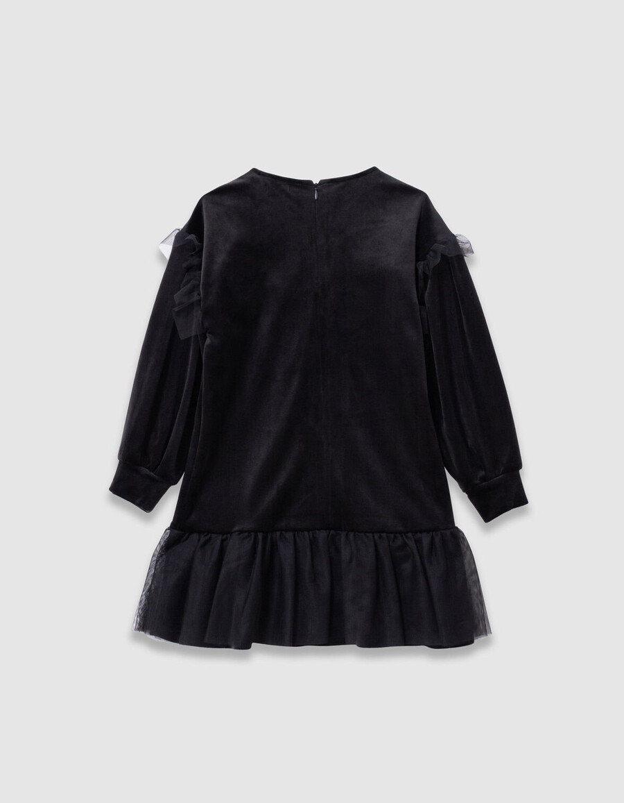 vestido de niña de terciopelo negro bordado con volantes de tul