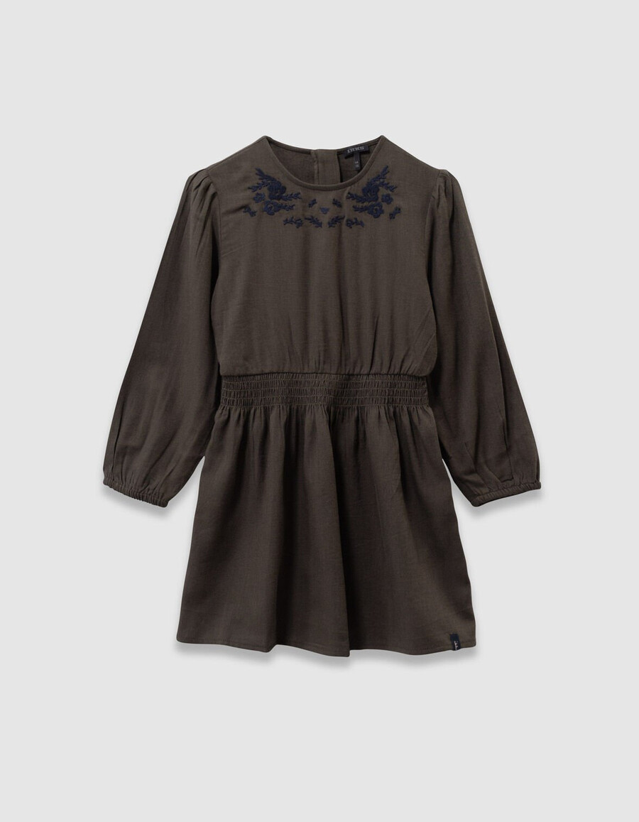 vestido caqui para niña con bordado de flores azul marino