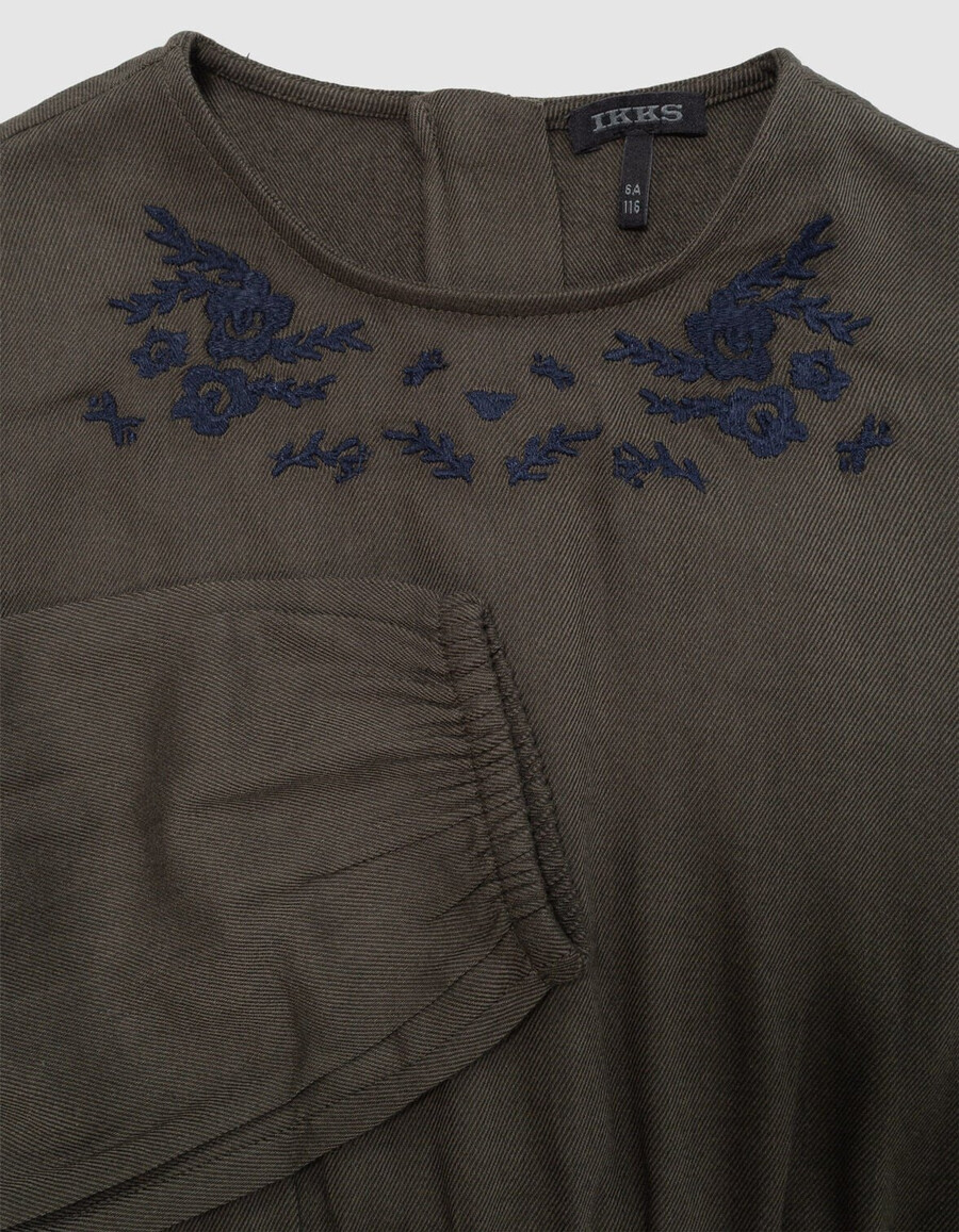 vestido caqui para niña con bordado de flores azul marino