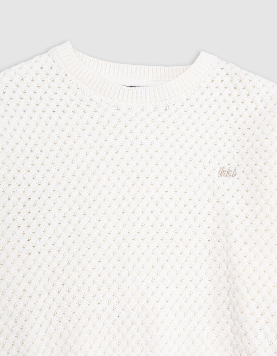 suéter blanco de punto de algodón orgánico con relieve para niña