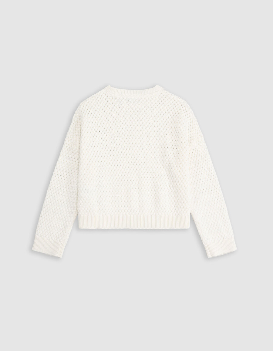 suéter blanco de punto de algodón orgánico con relieve para niña