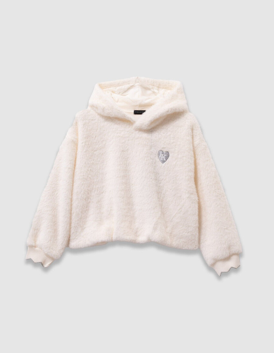 sudadera con capucha suave color crudo para niña con insignia de corazón