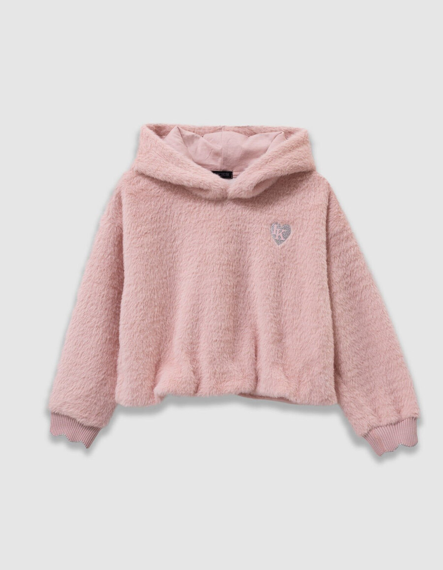 sudadera con capucha suave rosa para niña con insignia de corazón