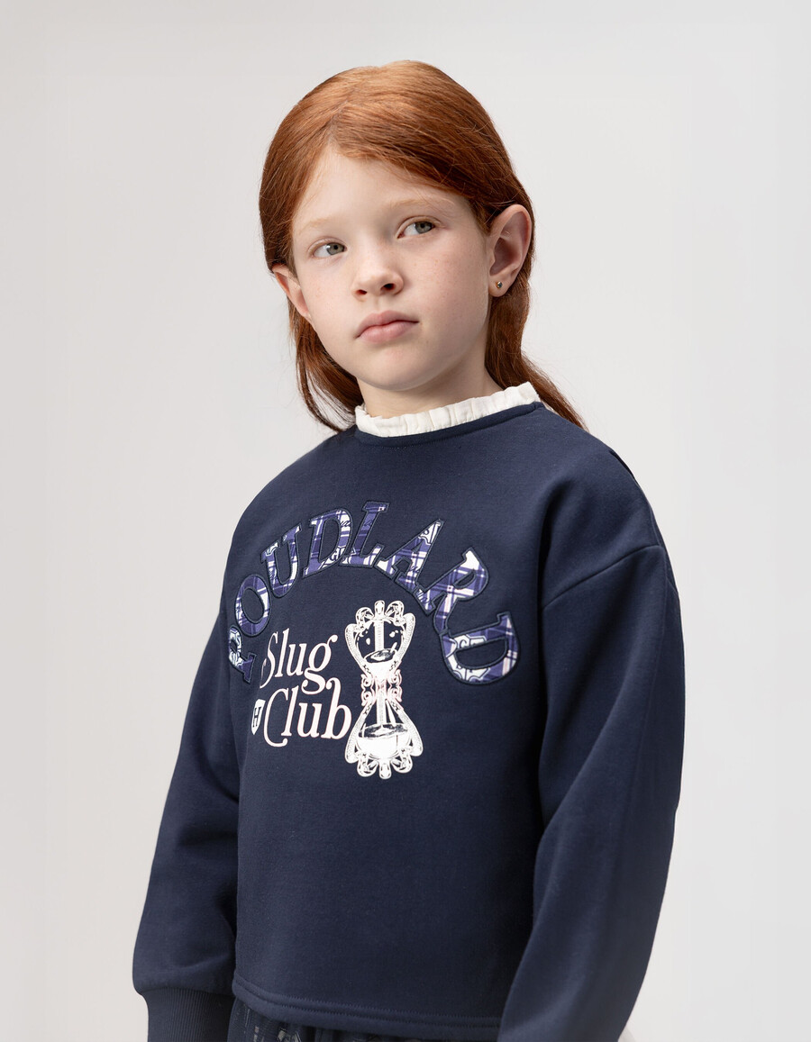 sudadera azul marino para niña con eslogan de harry potter y cuello fruncido