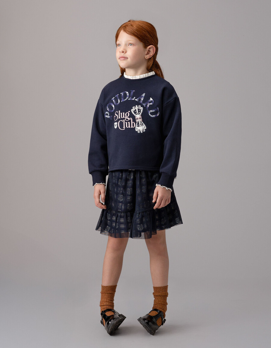 sudadera azul marino para niña con eslogan de harry potter y cuello fruncido
