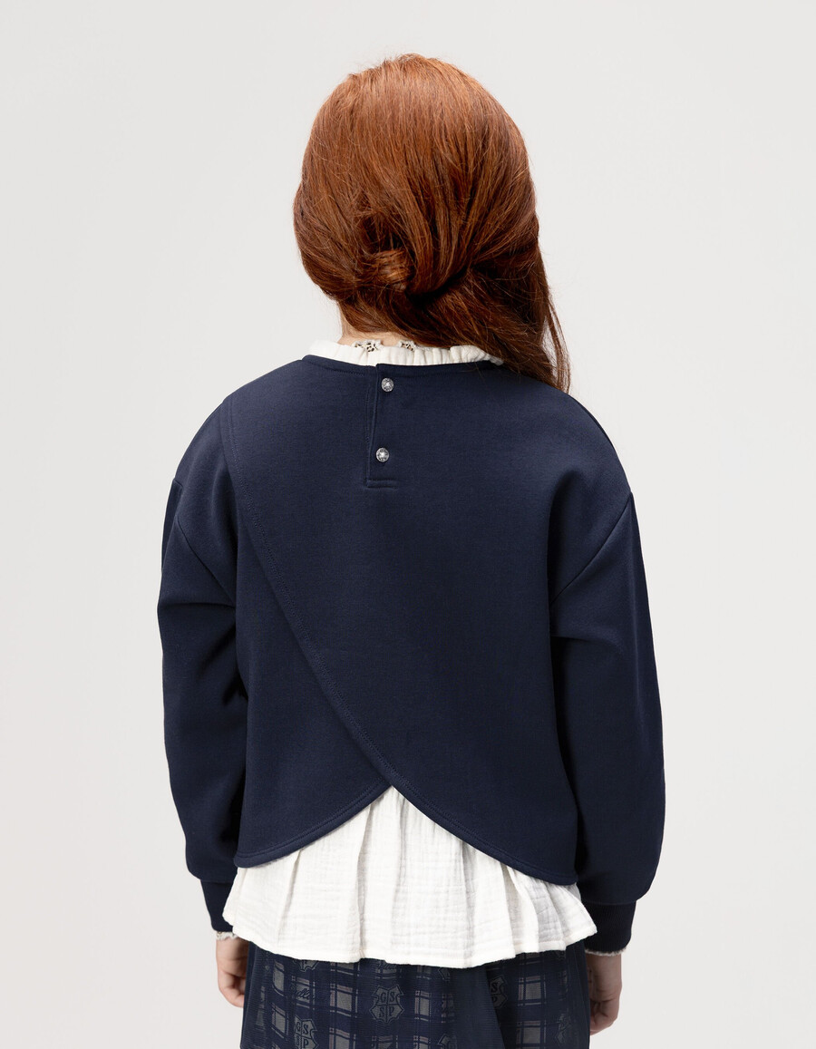 sudadera azul marino para niña con eslogan de harry potter y cuello fruncido