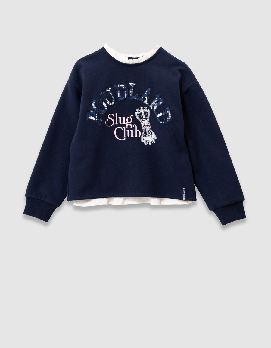 sudadera azul marino para niña con eslogan de harry potter y cuello fruncido