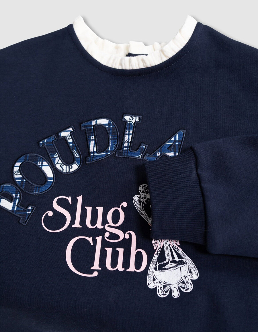 sudadera azul marino para niña con eslogan de harry potter y cuello fruncido