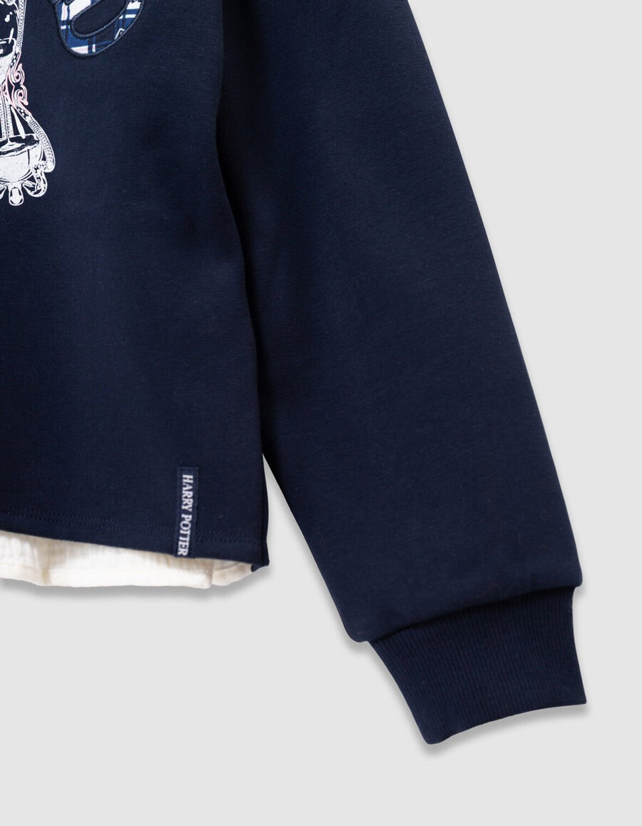 sudadera azul marino para niña con eslogan de harry potter y cuello fruncido