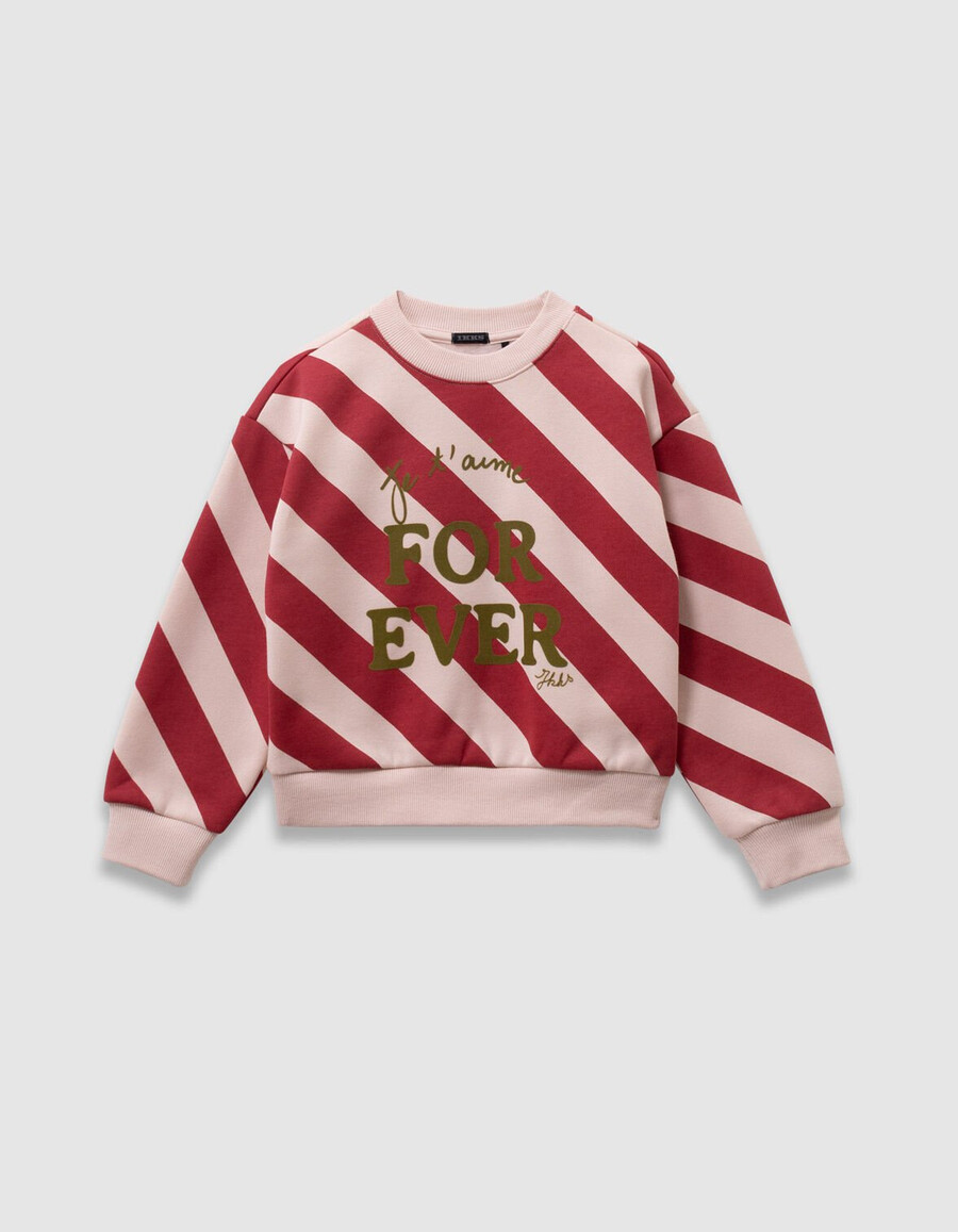 sudadera de niña con rayas rojas y rosas y eslogan