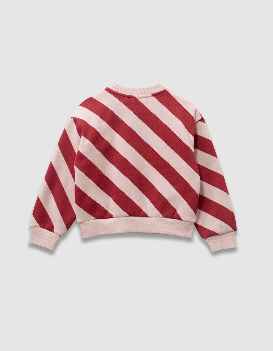 sudadera de niña con rayas rojas y rosas y eslogan