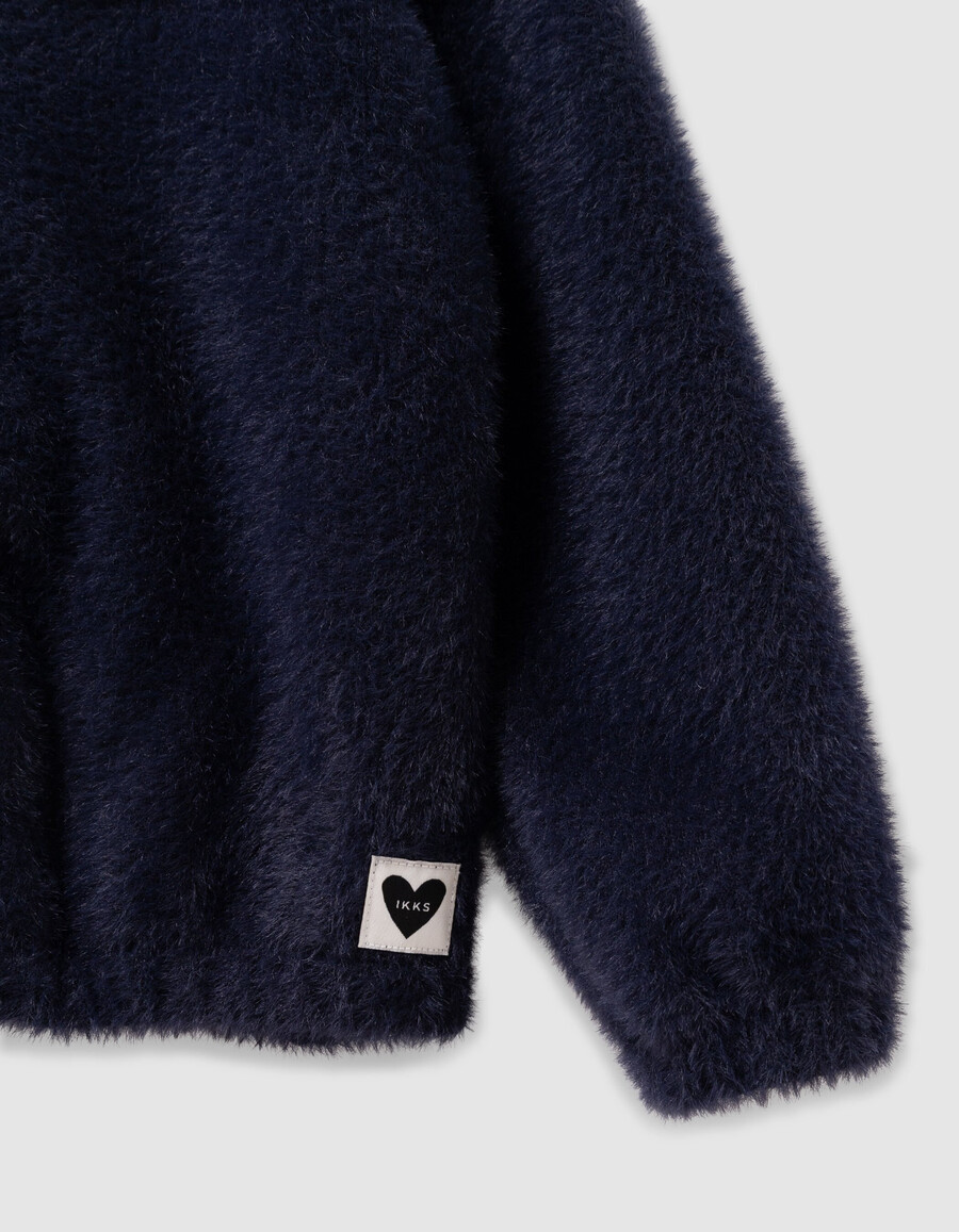 cárdigan azul marino esponjoso con cremallera y cuello xl para niña