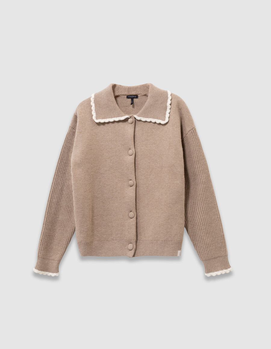 cárdigan de punto beige para niña con mangas acanaladas
