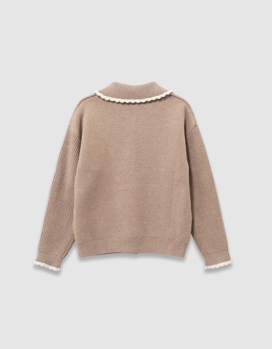 cárdigan de punto beige para niña con mangas acanaladas