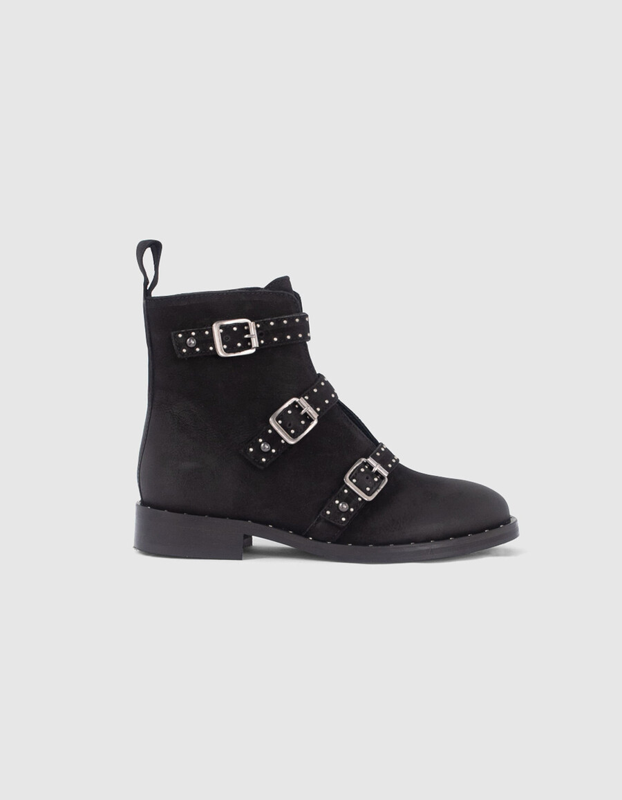 botas de combate de cuero negro con hebilla y tachuelas para niña