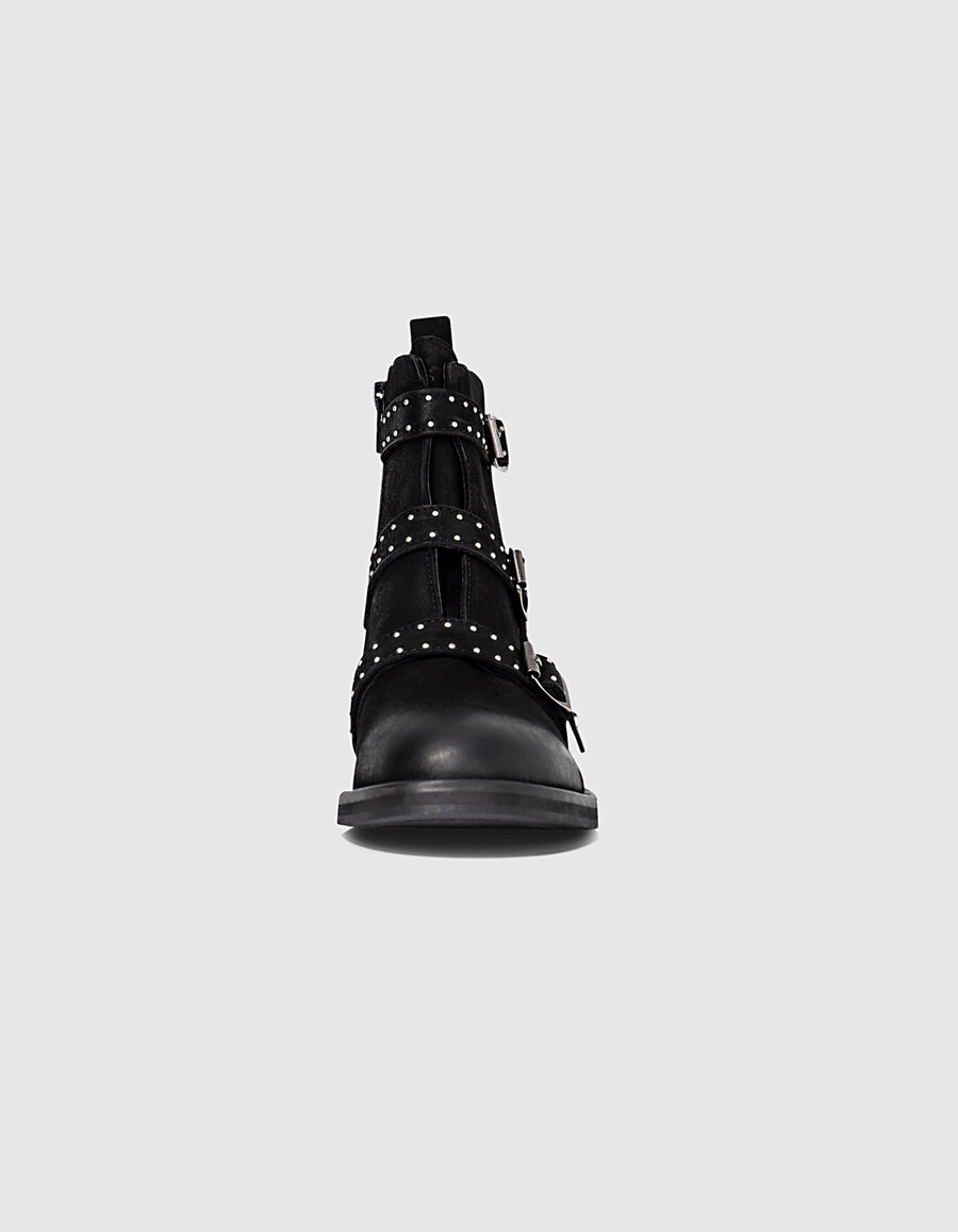botas de combate de cuero negro con hebilla y tachuelas para niña
