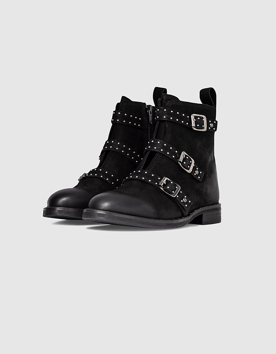 botas de combate de cuero negro con hebilla y tachuelas para niña