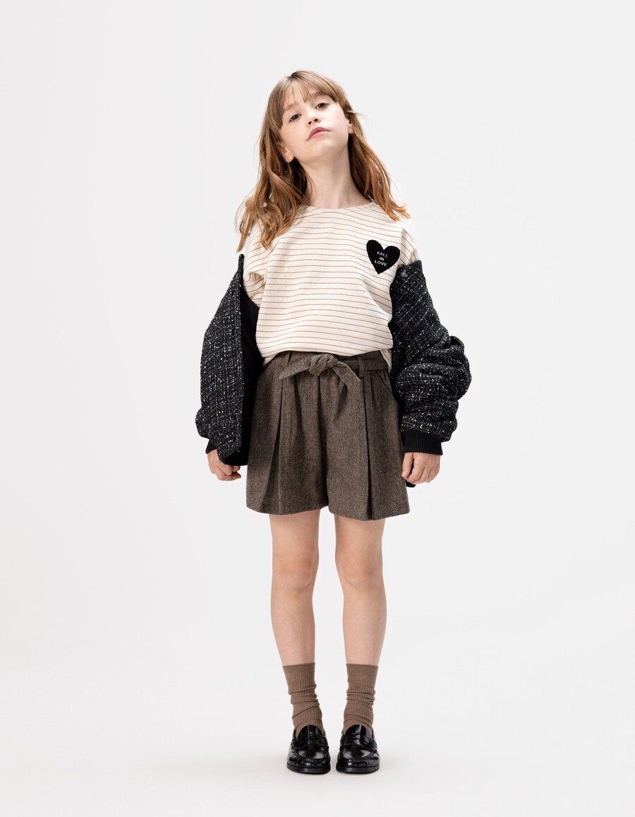 pantalones cortos de franela marrón jaspeado para niña