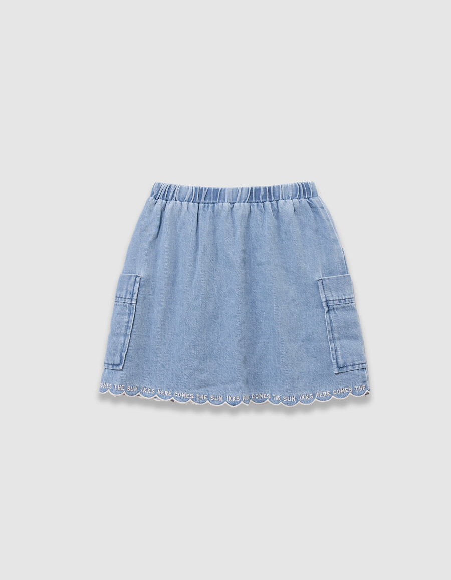 falda vaquera azul estilo cargo para niña con bolsillos