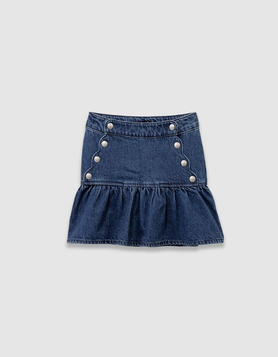 falda vaquera azul para niña con botones a presión estilo caída frontal