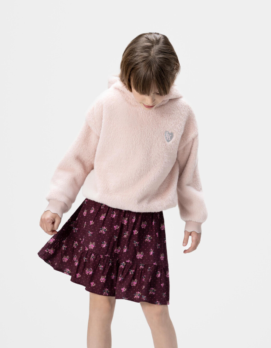 falda corta burdeos para niña con estampado de ramo