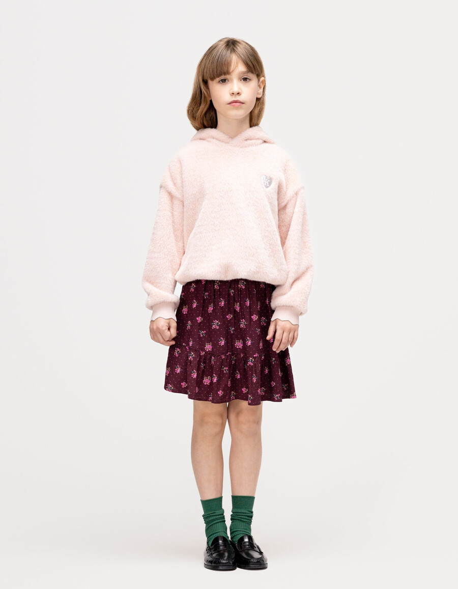 falda corta burdeos para niña con estampado de ramo