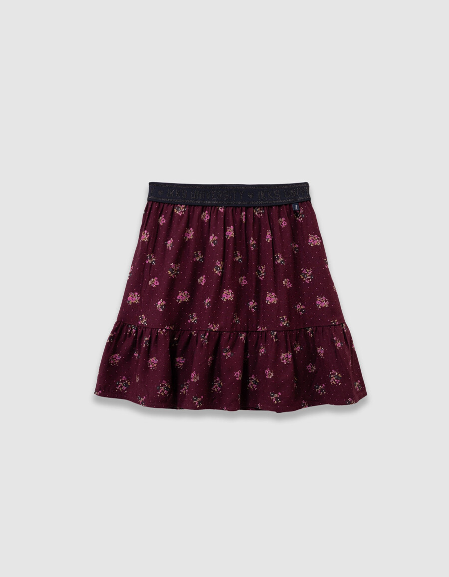falda corta burdeos para niña con estampado de ramo