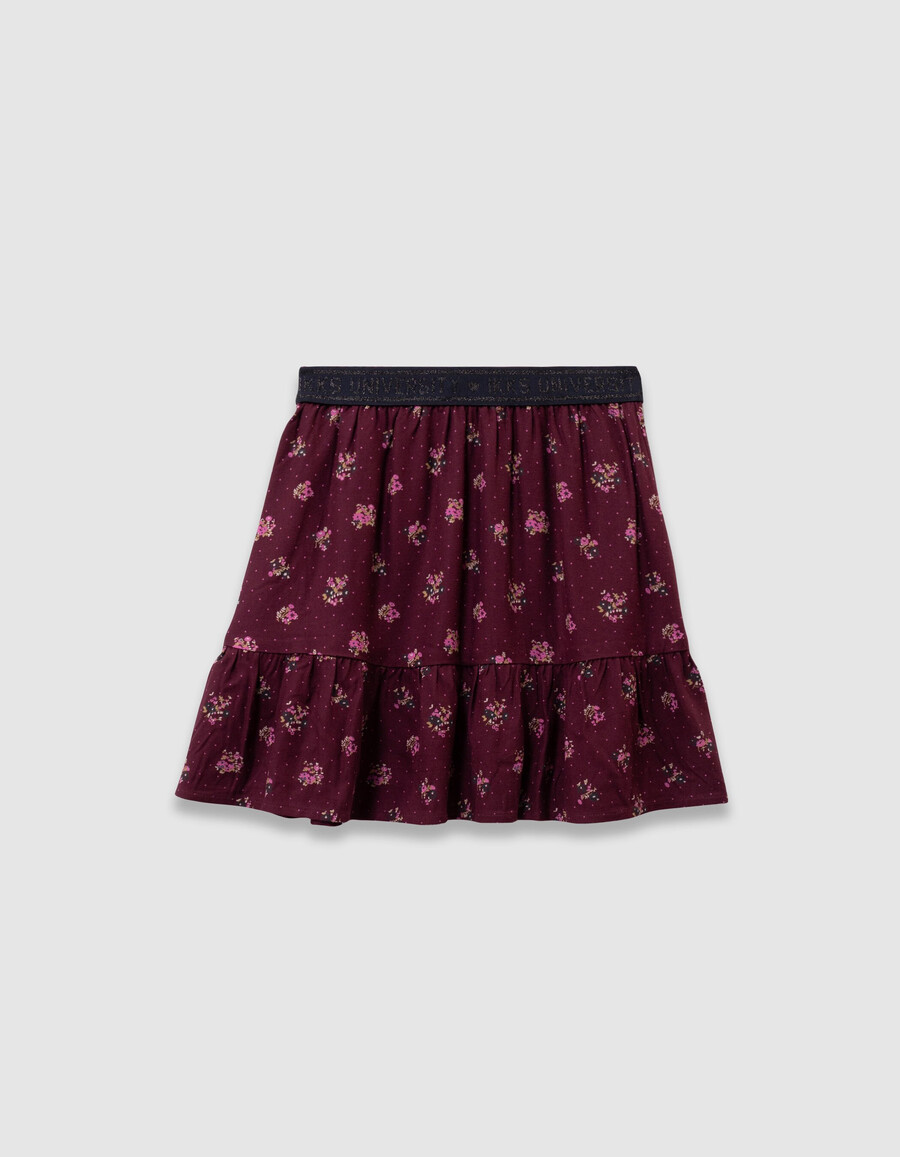 falda corta burdeos para niña con estampado de ramo