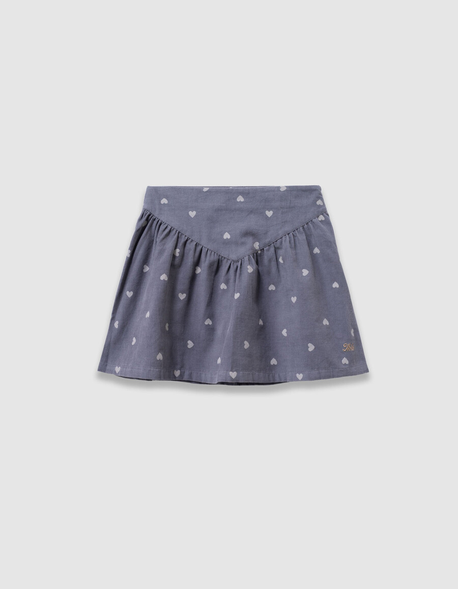 falda corta de terciopelo azul para niña con motivo de corazón