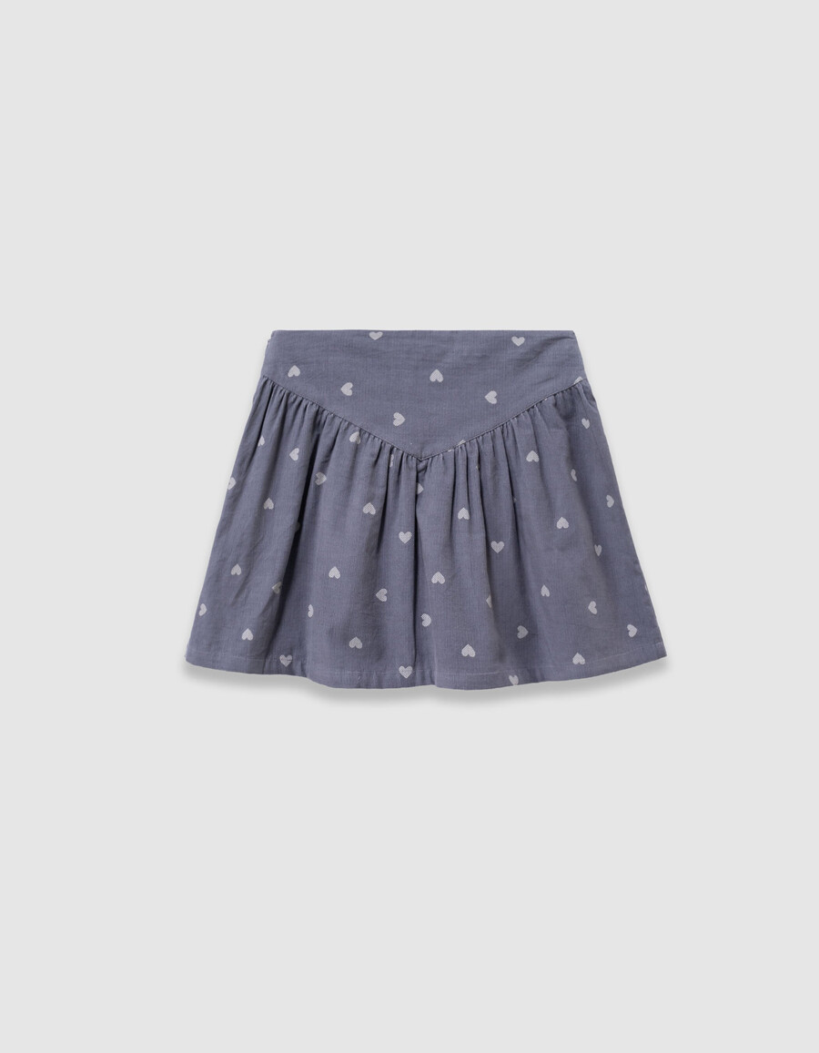 falda corta de terciopelo azul para niña con motivo de corazón