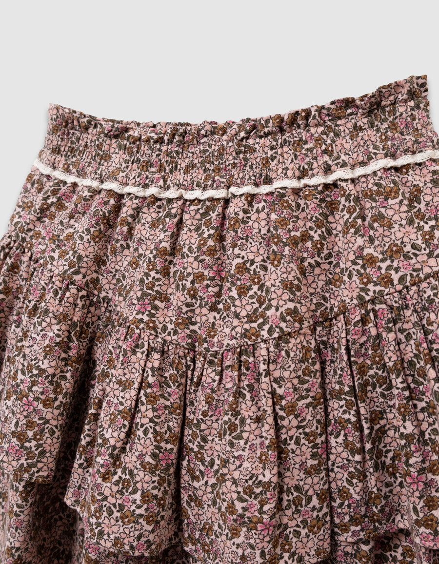 falda corta rosa para niña con estampado de flores otoñales