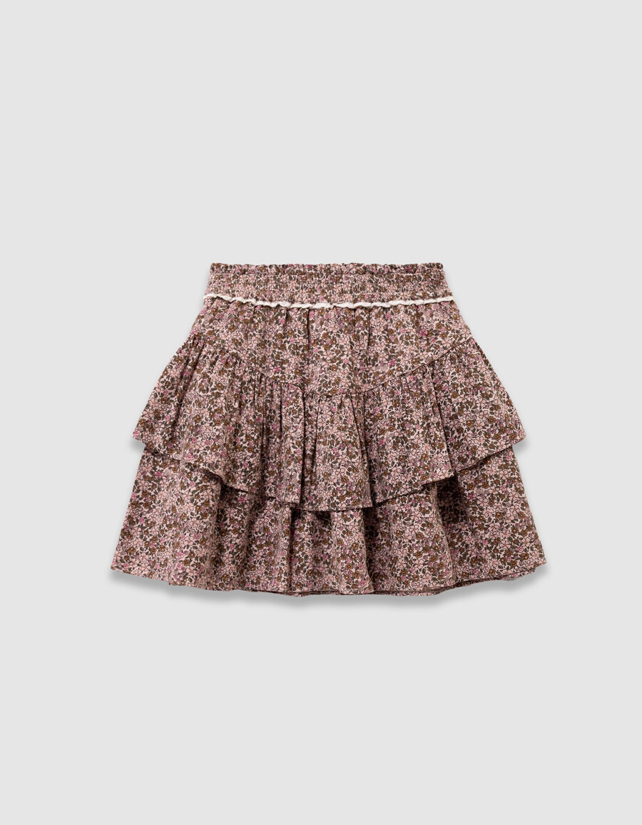 falda corta rosa para niña con estampado de flores otoñales