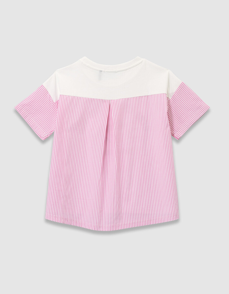camiseta blanca de manga corta para niña con rayas rosas