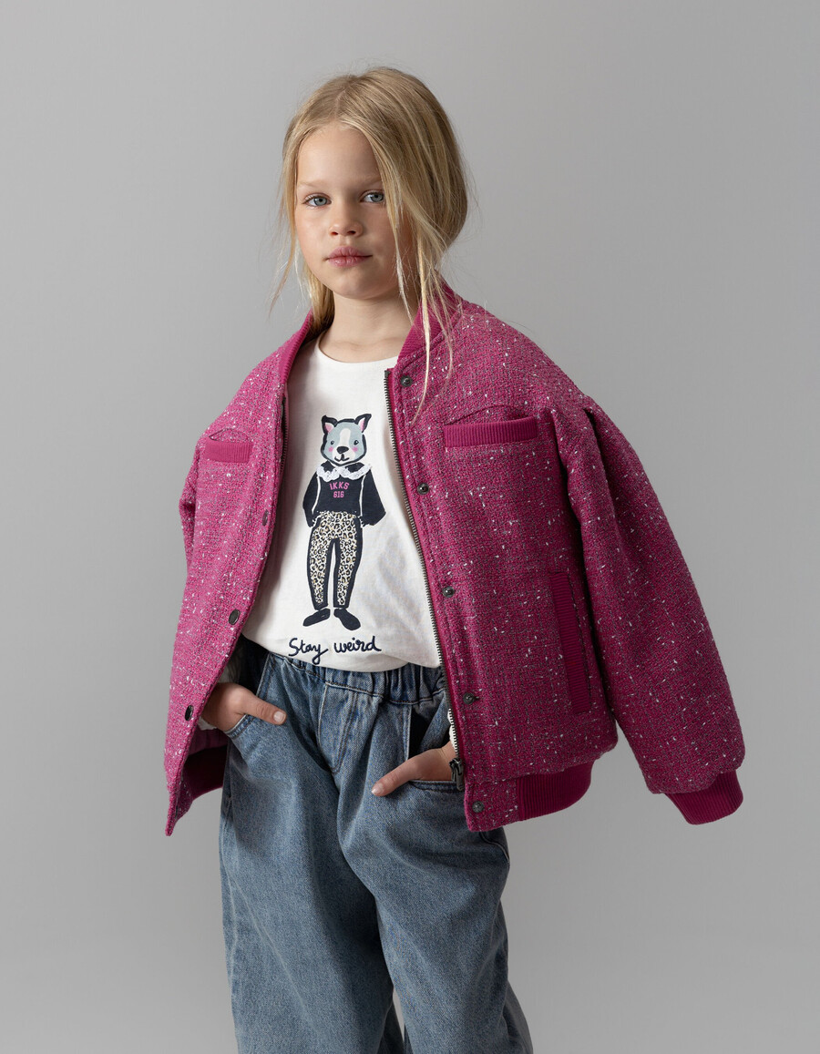 camiseta de algodón orgánico color crudo para niña con estampado de conejo y cuello de encaje 3d