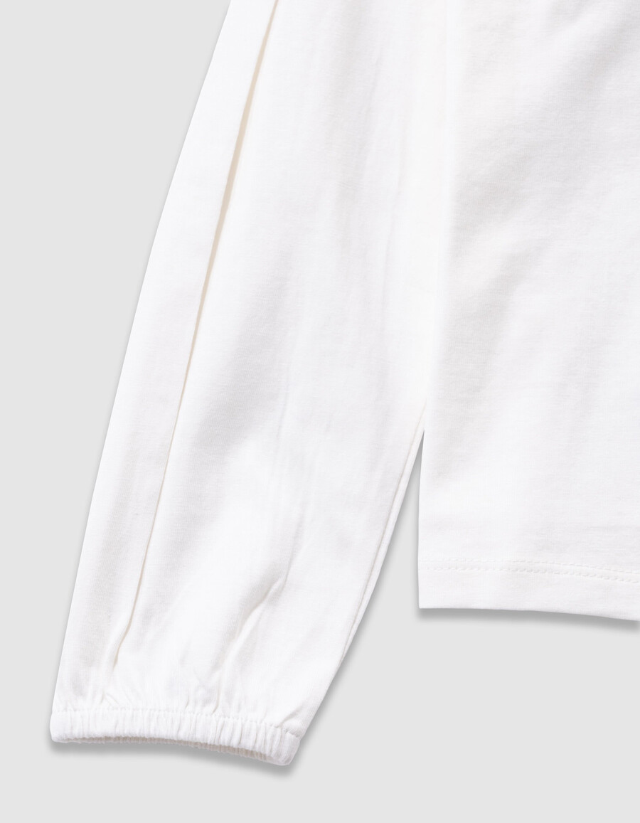 camiseta de algodón orgánico color crudo para niña con estampado de conejo y cuello de encaje 3d