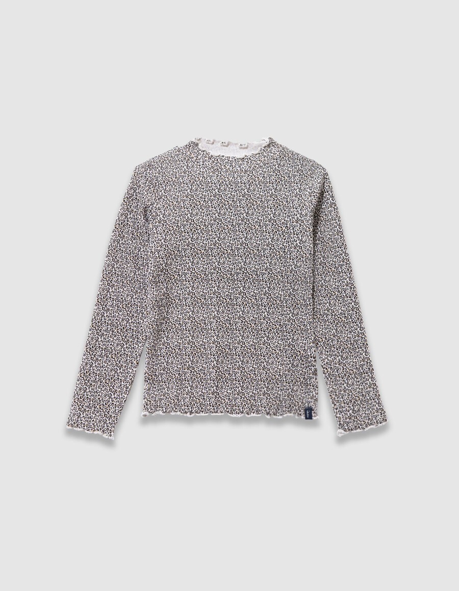 camiseta beige de cuello alto para niña con estampado de lazo de leopardo