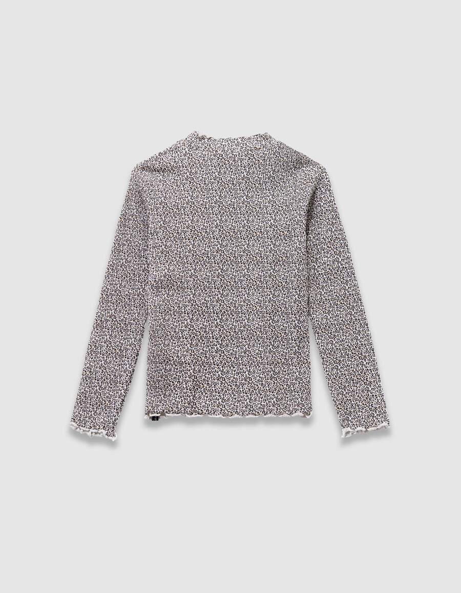 camiseta beige de cuello alto para niña con estampado de lazo de leopardo