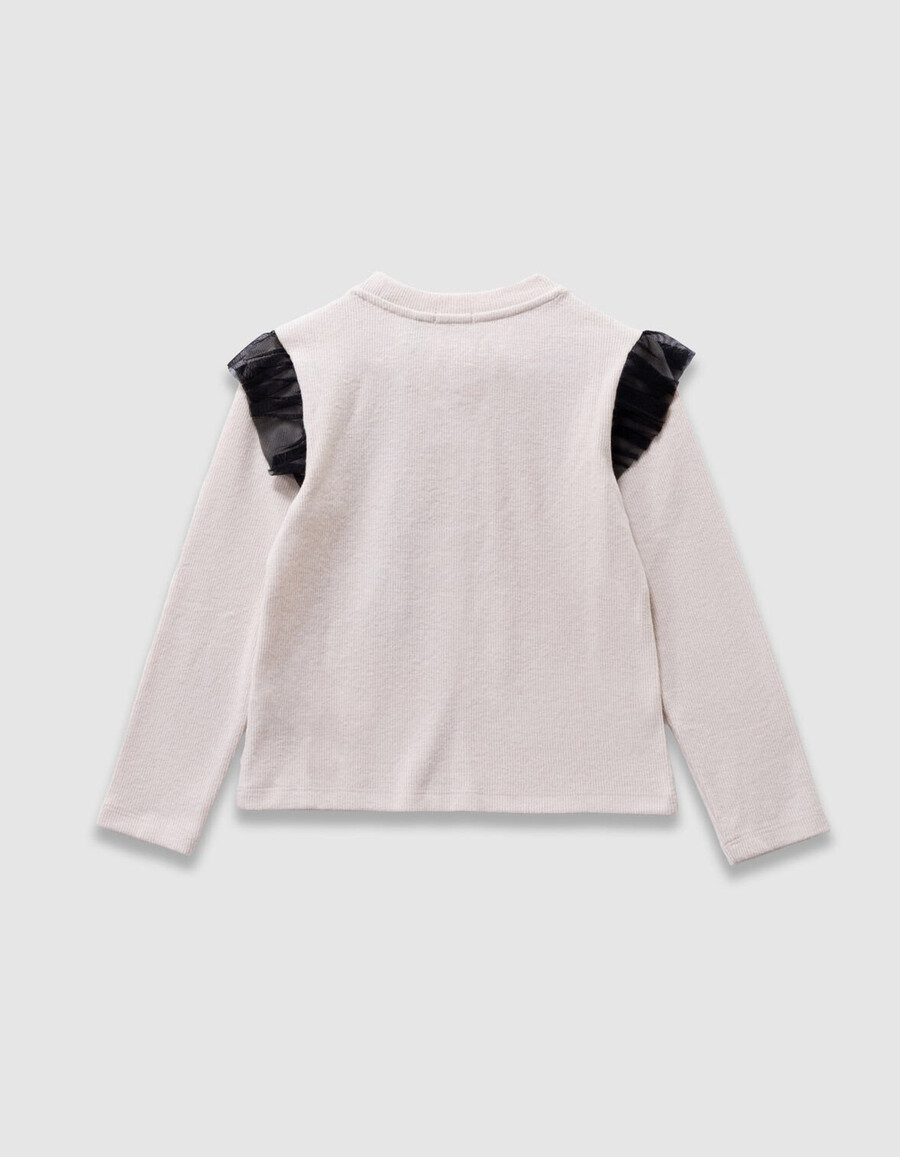 camiseta beige para niña con bordado de rosas y volantes de tul
